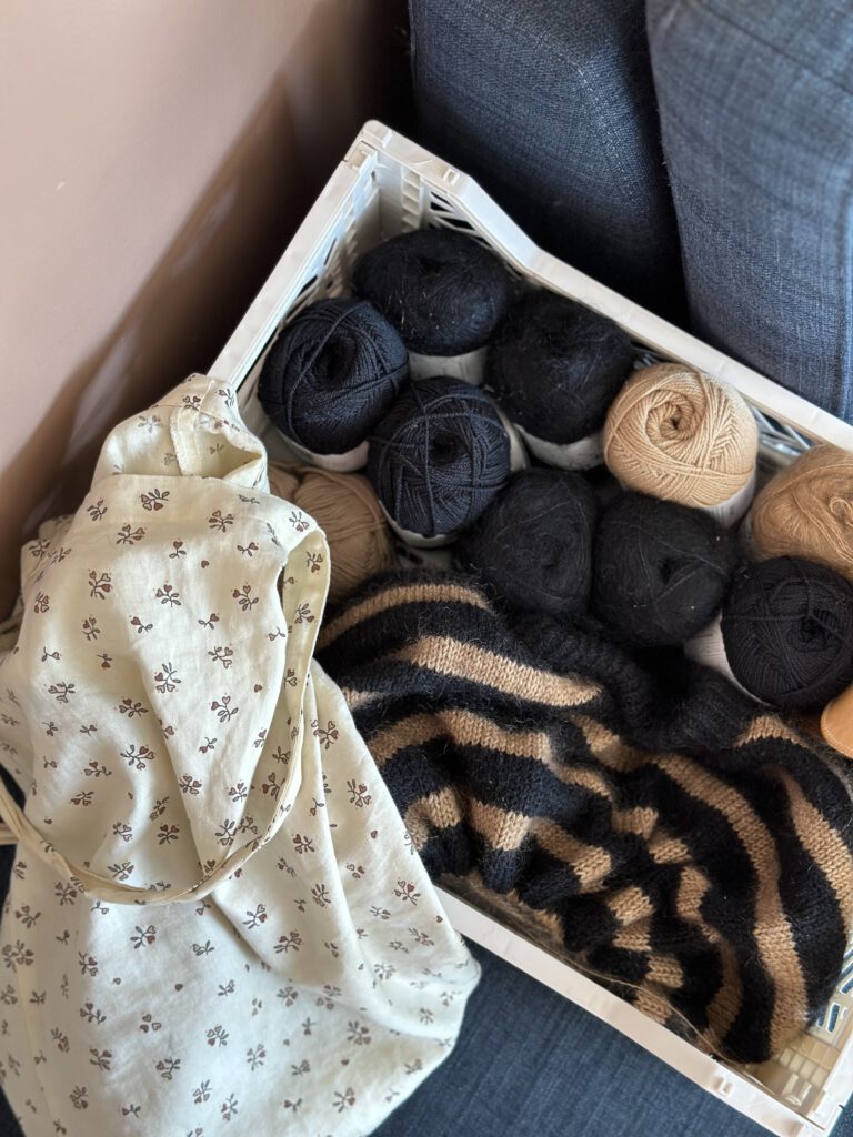 rectangular basket with yarn skeins in black and brown